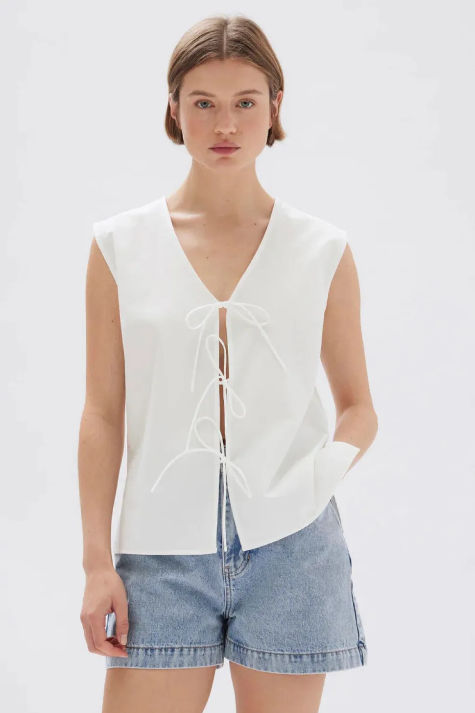 ASSEMBLY LABEL 'Ollie Poplin Tie Top' - White Clearance